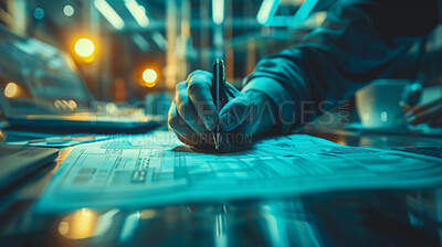 Signature, business and hand in an office signing document, contract or agreement. Anonymous, promotion and closeup, deal for negotiation or trade with background and cool scifi colour and style