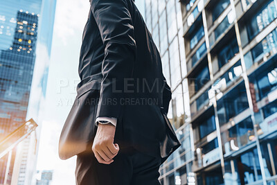 Anonymous, business and man in the city for stock market , entrepreneur and executive. Confident, investment and male professional standing outdoor for leadership, background and empowerment or ceo