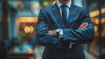 Anonymous portrait, business and man in the city for corporate investment, entrepreneur and executive. Confident, arms crossed and male professional standing outdoor for leadership, empowerment or ceo