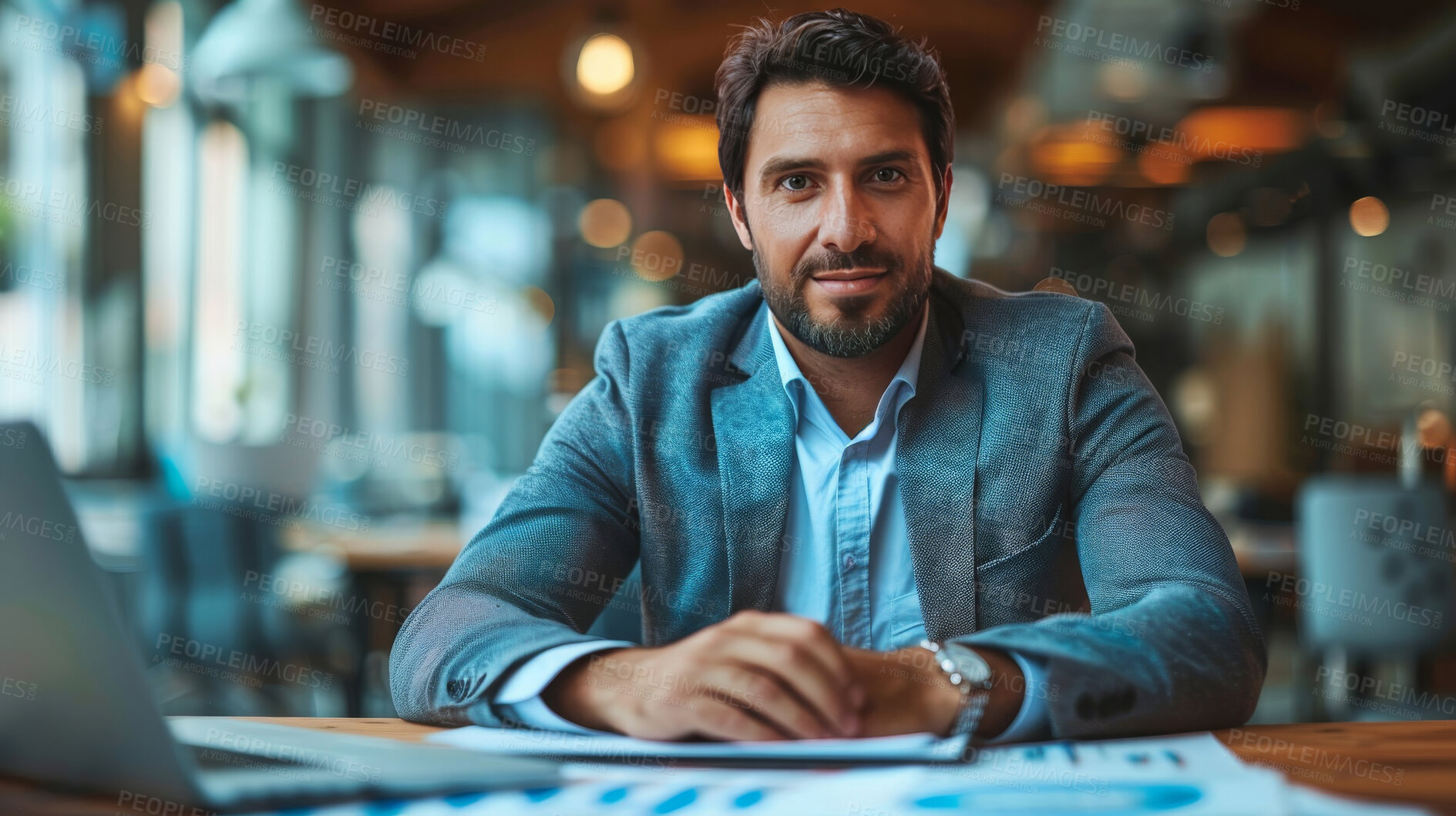 Buy stock photo Computer, business and man in an office for marketing strategy, data analysis and infographic documents. Happy, confident and investor sitting at his desk for finance, professional and technology