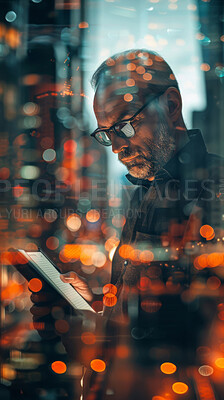 Buy stock photo Ipad, business and man in an office for marketing strategy, data analysis and infographics on screen. Thinking, confident and investor sitting at his desk for finance, professional and technology