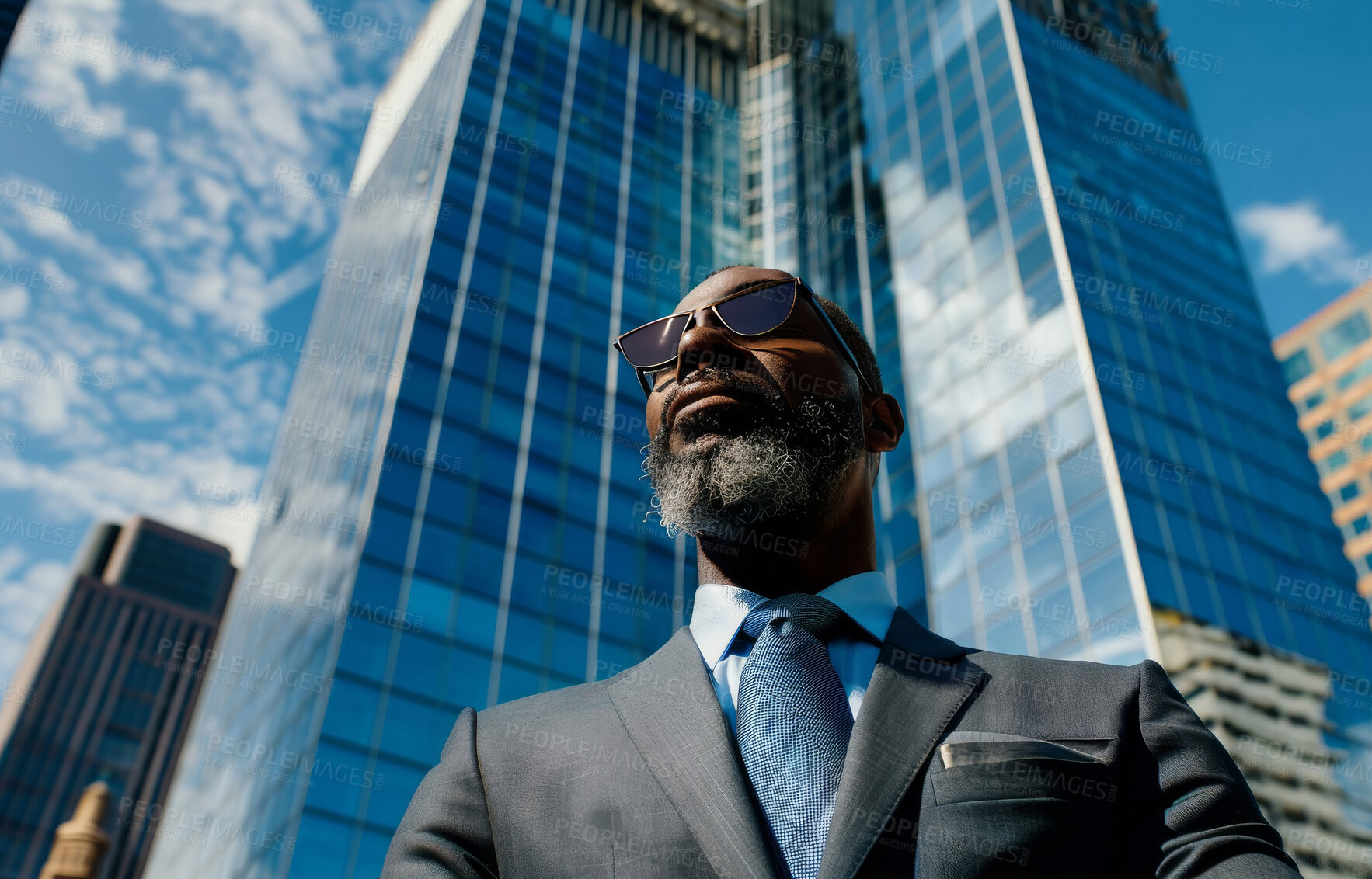 Buy stock photo Black, business and man in the city for investment, entrepreneur and corporate executive. Confident, African American and male professional standing outdoor for leadership, empowerment or success