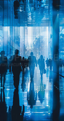 Abstract, crowds and building background with silhouette effect of workers walking, trading or business. Blurry, lights and modern office building. Wallpaper, corporate and marketing for big data