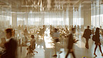 Abstract, call centre and background with silhouette effect of workers walking, trading or business. Blurry, lights and modern office building. Wallpaper, corporate and marketing for big data