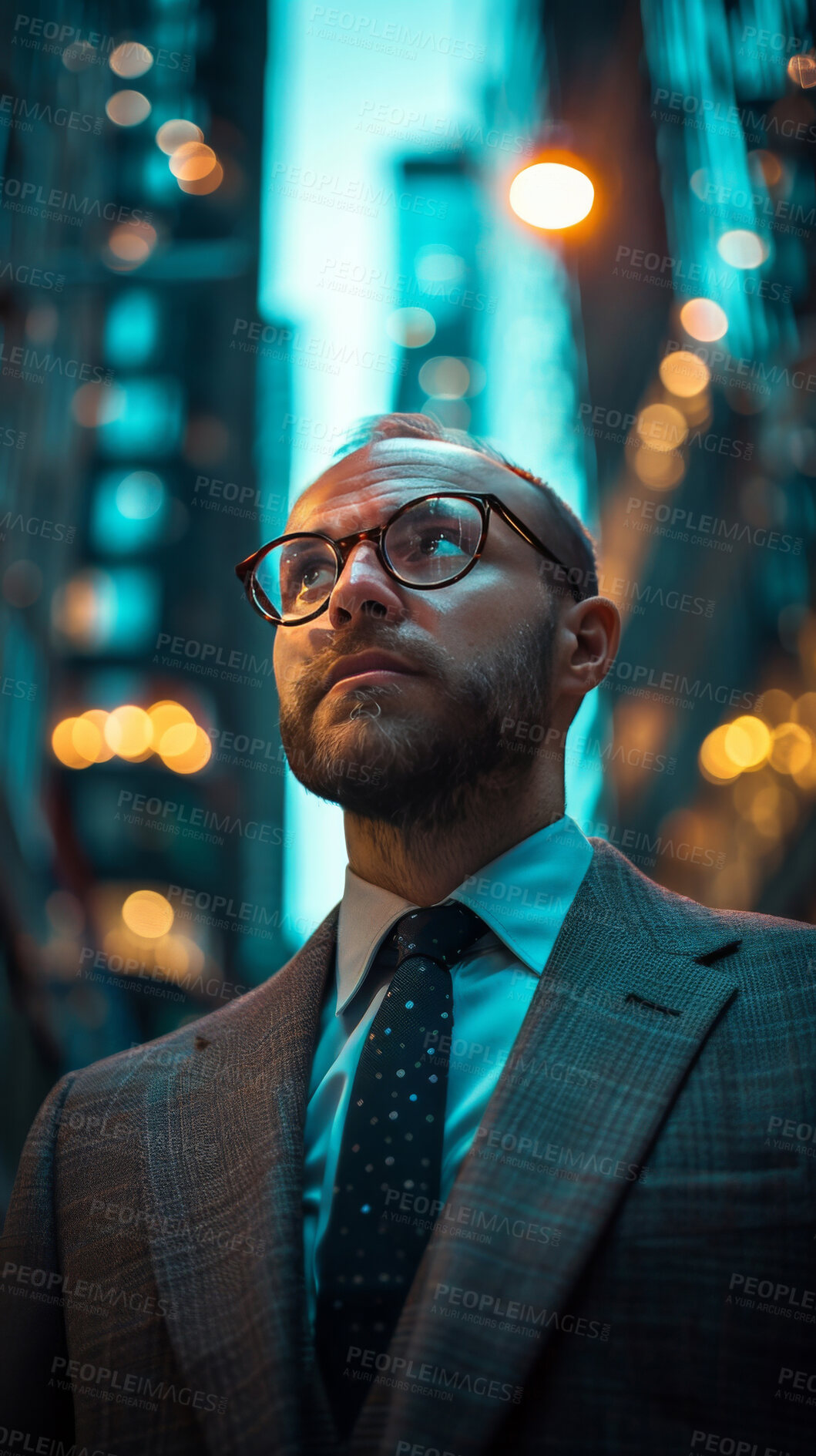 Buy stock photo Portrait, business and man in the city for investment, entrepreneur and executive. Confident, looking and male professional standing outdoor for corporate leadership, empowerment or success