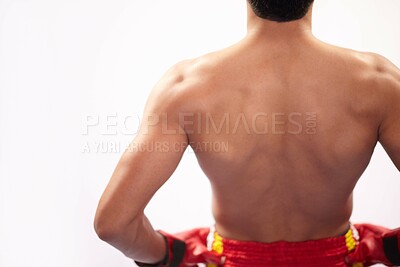 Buy stock photo Sports, strong back or mma person, boxer or fighter ready for muay thai contest, competition or fight challenge. Muscle, battle or studio athlete training, fitness or boxing pride on white background