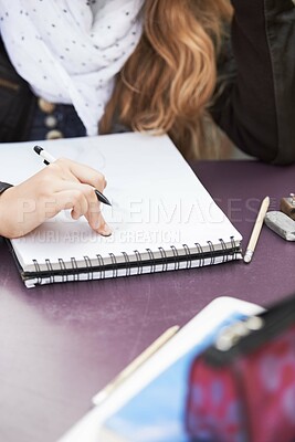 Buy stock photo Drawing, design and a woman with a notebook for school creativity, exam sketch and inspiration. College, art and a student writing or doing a doodle on paper for education and university class