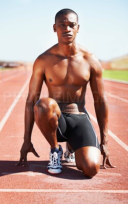 Buy stock photo Man, runner and starting line for sprint, ready and sport or marathon, olympics and race or competition. Black male person, training and exercising or active, practice and face for fitness or workout