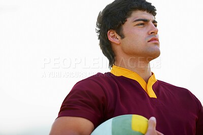 Buy stock photo Face, thinking and male rugby player with a ball for competitive game strategy on a white background. Vision, idea and athlete with an object for fitness plan and sports exercise uniform 