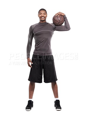 Buy stock photo Sports, smile and portrait of black man with basketball, confidence and pride in body muscle workout. Fitness, wellness and health, happy professional athlete with ball isolated on white background.