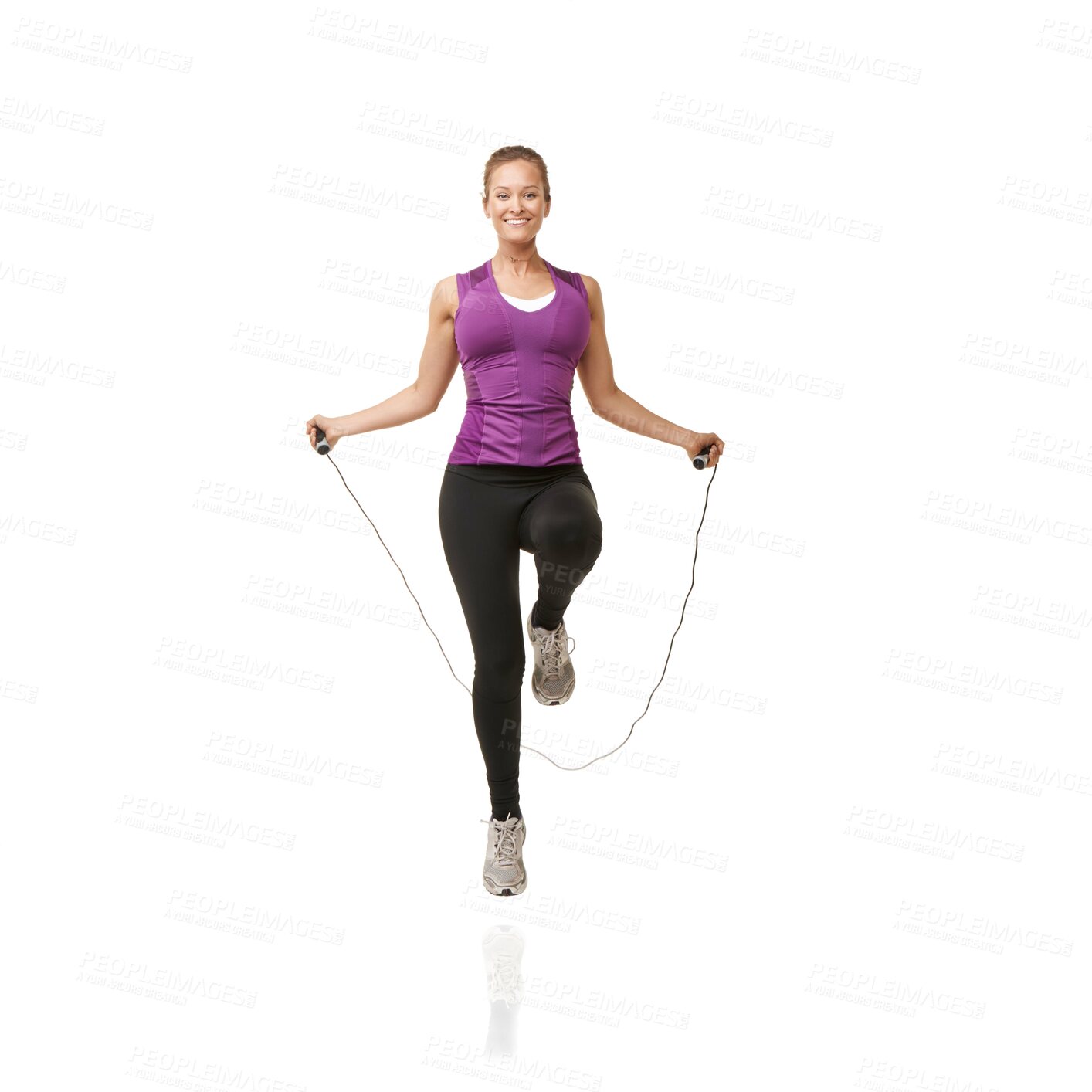 Buy stock photo Portrait, skipping rope and woman on a white background for cardio workout, exercise and training. Sports, fitness and isolated person with gym equipment for health, wellness and jumping in studio