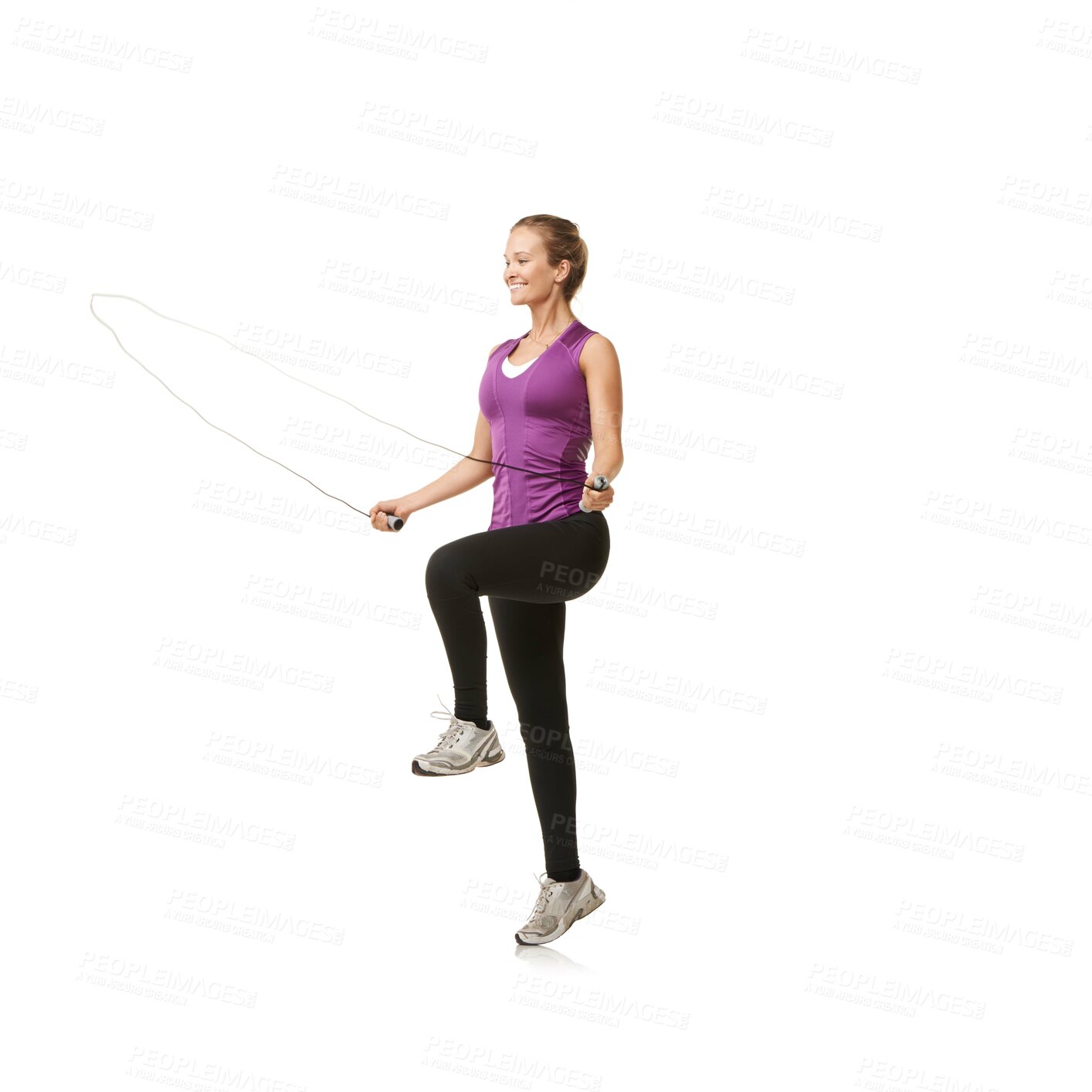 Buy stock photo Fitness, skipping rope and woman on a white background for exercise, cardio workout and training. Sports, endurance and isolated person with gym equipment for health, wellness and jumping in studio