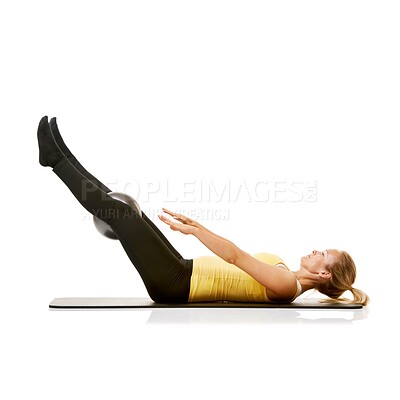 Buy stock photo Woman exercise on soft ball, training body health and crunches isolated on a white studio background mockup space. Medicine equipment, core abdomen muscle and person in pilates, fitness and sit up