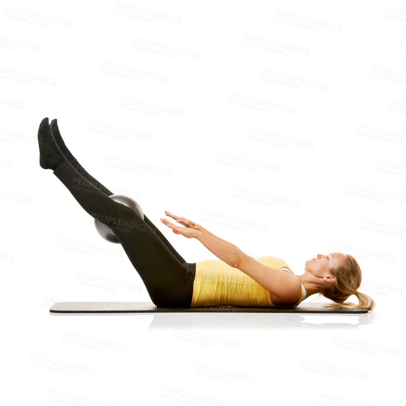 Buy stock photo Woman exercise on soft ball, training body health and crunches isolated on a white studio background mockup space. Medicine equipment, core abdomen muscle and person in pilates, fitness and sit up