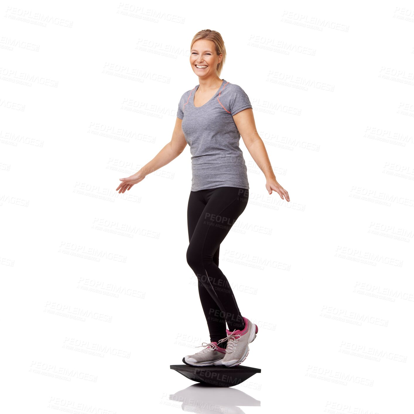 Buy stock photo Fitness, portrait and woman with balance board, smile and healthy body workout at gym studio. Exercise, stability and happy girl with wellness, pilates training and tools isolated on white background