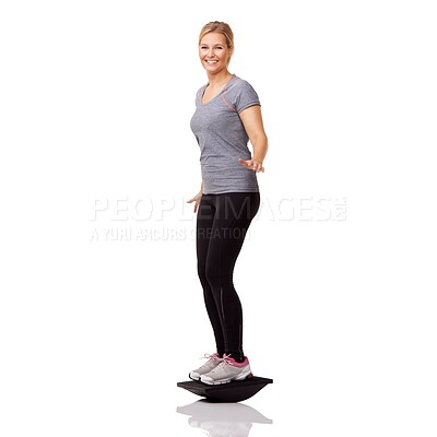 Buy stock photo Exercise, studio portrait and woman with board balance, smile and healthy body workout at gym. Fitness, stability and happy girl with wellness, pilates training and tools isolated on white background