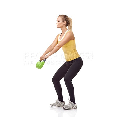 Buy stock photo Training, strong and studio woman with kettlebell for arm muscle growth, strength power development or weightlifting. Sports club equipment, active workout and female bodybuilder on white background