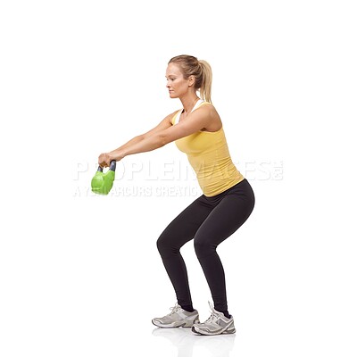Buy stock photo Training, fitness and studio woman with kettlebell swing for muscle growth, arm power development or weightlifting. Sports club equipment, wellness activity and female bodybuilder on white background