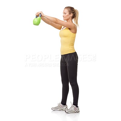 Buy stock photo Exercise, workout and studio woman with kettlebell swing for muscle growth, strong arm strength or weightlifting. Fitness club equipment, wellness commitment and girl bodybuilding on white background