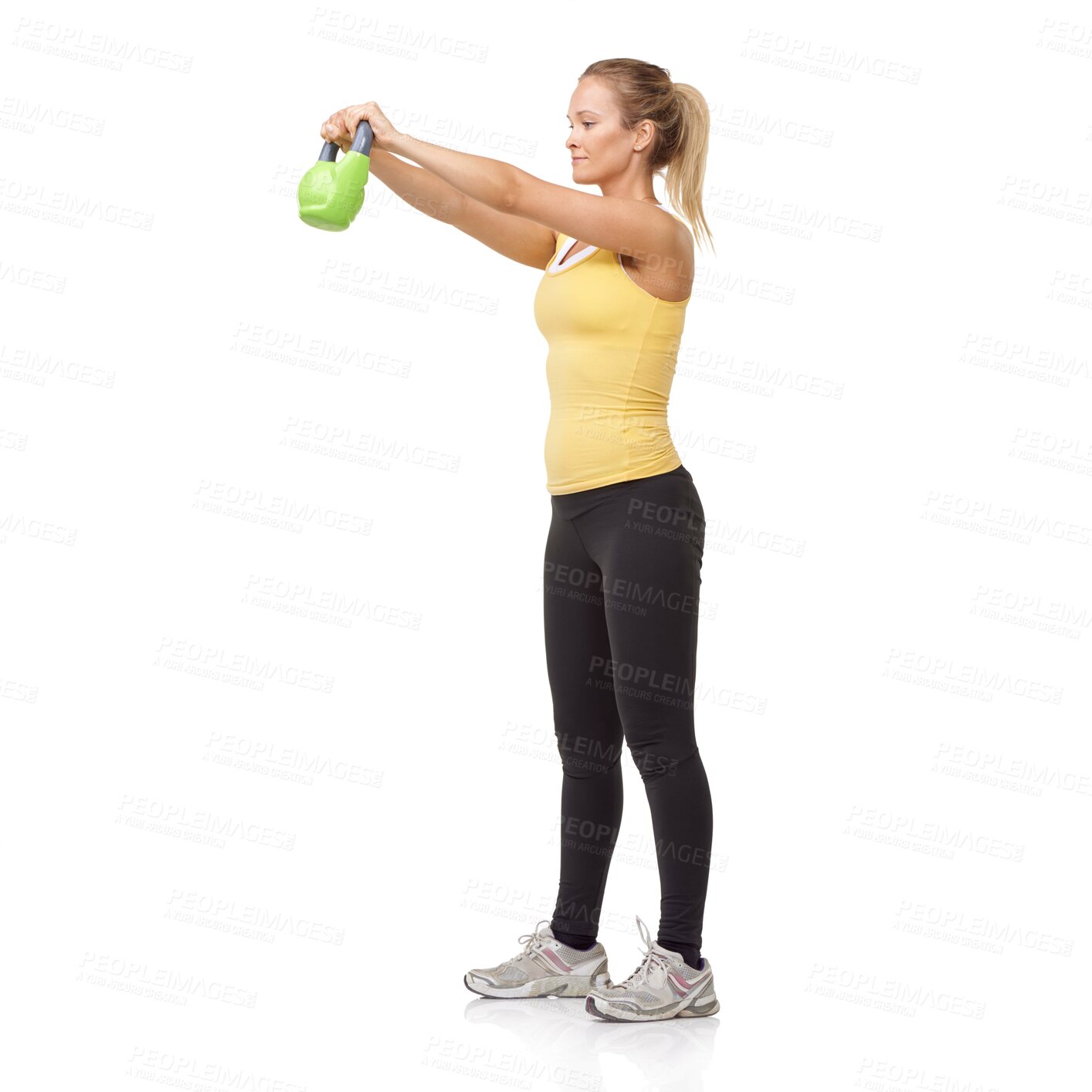 Buy stock photo Exercise, workout and studio woman with kettlebell swing for muscle growth, strong arm strength or weightlifting. Fitness club equipment, wellness commitment and girl bodybuilding on white background