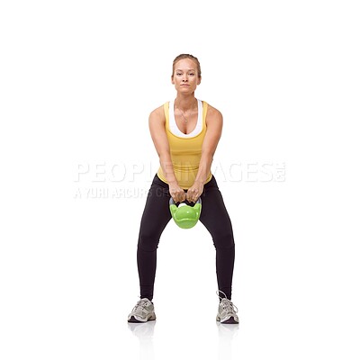 Buy stock photo Workout, portrait or studio woman with kettlebell swing for muscle growth, strong arm strength or heavy weight lifting. Exercise equipment, gym circuit routine or bodybuilder girl on white background