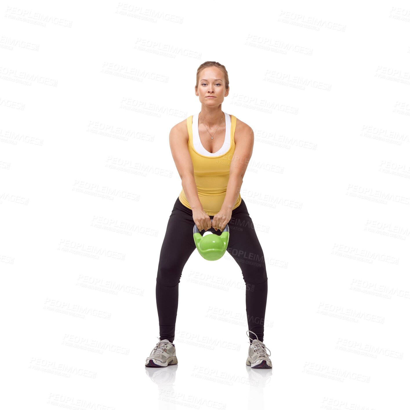 Buy stock photo Workout, portrait or studio woman with kettlebell swing for muscle growth, strong arm strength or heavy weight lifting. Exercise equipment, gym circuit routine or bodybuilder girl on white background