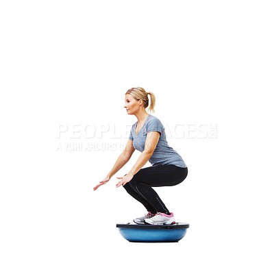 Buy stock photo Woman, studio and squat with workout, ball or balance for legs, muscle development or profile by white background. Person, exercise and training for strong healthy body for vision, wellness or health