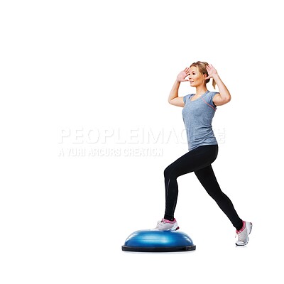 Buy stock photo Woman, legs and stretching with workout, ball or balance for  muscle development and studio by white background. Person, exercise and training with mockup space for vision, wellness and healthy body