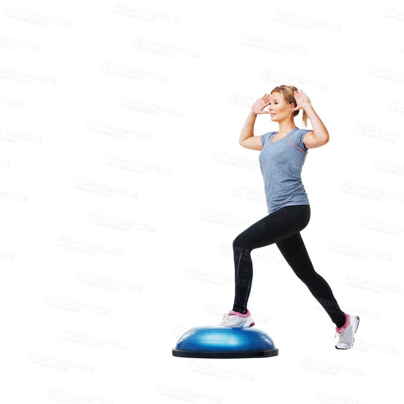 Buy stock photo Woman, bosu ball and stepping for exercise, workout or fitness on a white studio background. Young active female person or athlete on half round object in pilates, health and wellness on mockup space