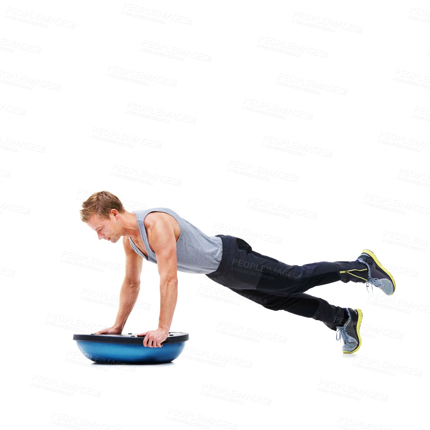 Buy stock photo Man, body and push ups on bosu ball for fitness, exercise or workout on a white studio background. Young active male person lifting weight for strength, muscle or strong arms on mockup space