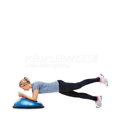 Buy stock photo Woman, lying or planking on bosu ball for exercise, workout or training on a white studio background. Active female person on half round object for pilates, practice or strong core on mockup space