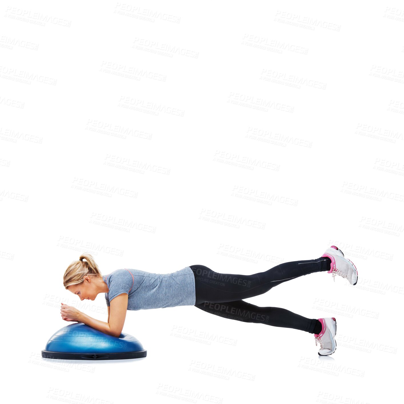Buy stock photo Woman, lying or planking on bosu ball for exercise, workout or training on a white studio background. Active female person on half round object for pilates, practice or strong core on mockup space
