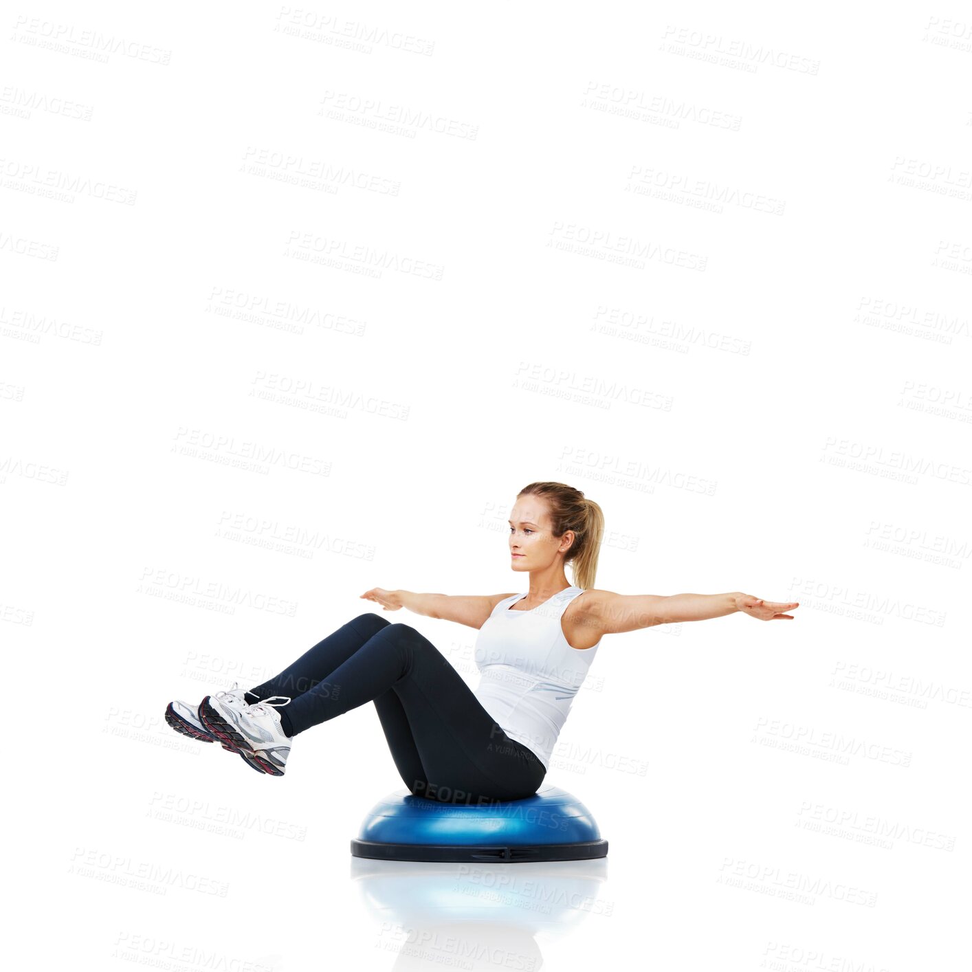 Buy stock photo Balance, exercise and woman with bosu ball in workout, core training and wellness on white background. Muscle, strength and power with challenge on mockup space, athlete and fitness tools in studio