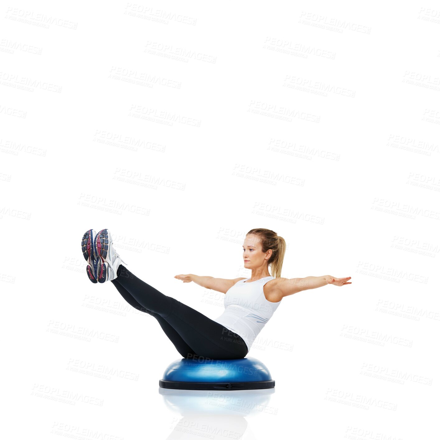 Buy stock photo Balance, workout and woman with bosu ball for exercise, core training and wellness on white background. Muscle, strength and power with challenge on mockup space, athlete and fitness tools in studio