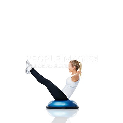 Buy stock photo Woman, exercise and balance on bosu ball for core training, muscle and workout isolated on white background. Fitness equipment, strength and endurance with mockup space and strong athlete in studio