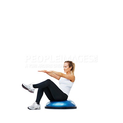 Buy stock photo Woman, bosu ball and sit ups for exercise, workout or fitness on a white studio background. Young active female person or athlete on half round object in pilates, health and wellness on mockup space