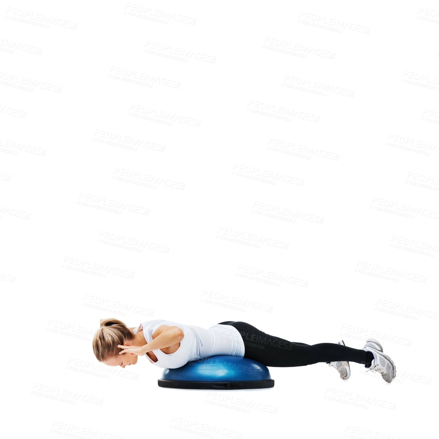 Buy stock photo Woman, balance ball and lying for exercise, workout or fitness on a white studio background. Young active female person or athlete on half round object for training and wellness on mockup space