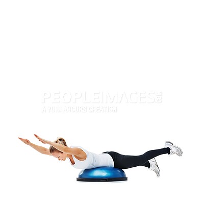 Buy stock photo Woman, half ball for core training and balance with fitness and workout isolated on white background. Exercise equipment, strength and endurance with mockup space and strong athlete in studio