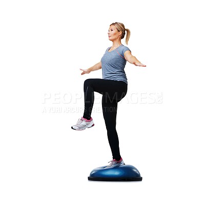 Buy stock photo Woman, body and balance on ball for exercise, workout or training on a white studio background. Active female person on half round object for pilates, practice or strong legs on mockup space