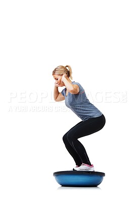 Buy stock photo Woman, balance ball and squat for fitness, exercise or workout on a white studio background. Young active female person or athlete on half round object for training, health and wellness on mockup space