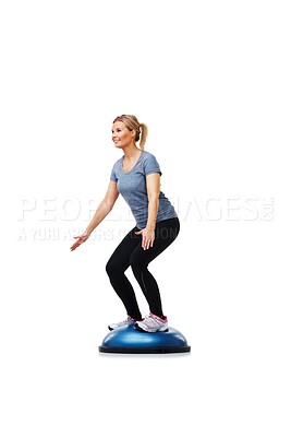 Buy stock photo Workout, half ball and woman balance for wellness challenge, studio exercise or practice pilates on gym equipment. Activity, stability training and athlete in fitness routine on white background