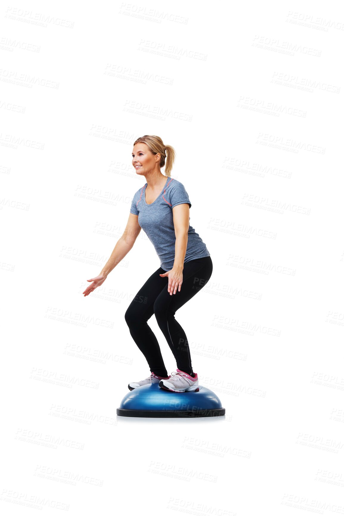 Buy stock photo Workout, half ball and woman balance for wellness challenge, studio exercise or practice pilates on gym equipment. Activity, stability training and athlete in fitness routine on white background