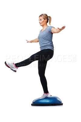 Buy stock photo Woman, stretching and balance on bosu ball for exercise, workout or training on a white studio background. Active female person on half round object for pilates, practice or health on mockup space