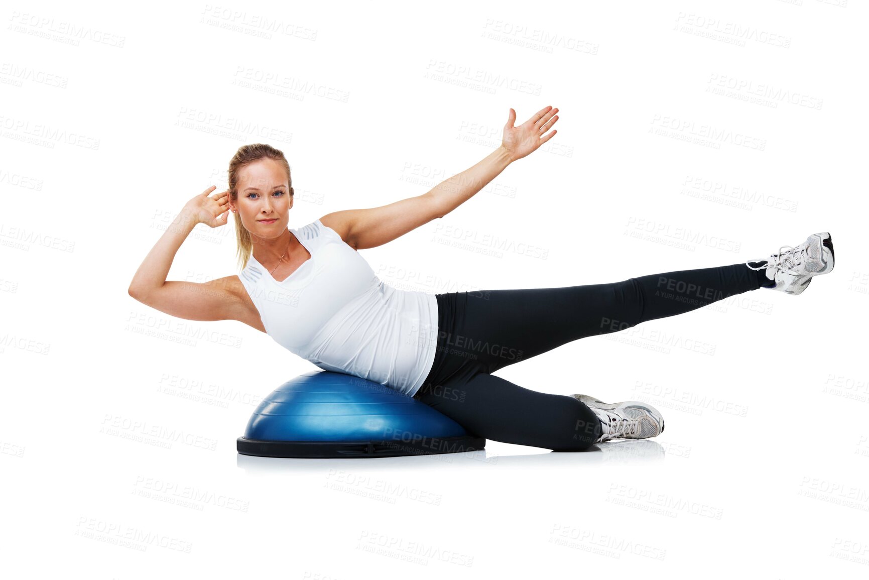 Buy stock photo Fitness, half ball and portrait of woman in a studio for stretching body workout or training with balance. Sports, equipment and young female person with muscle warm up exercise by white background.