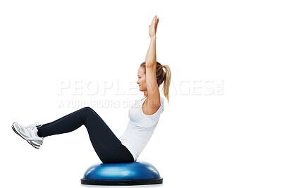 Buy stock photo Woman, half ball and sitting in fitness, balance or exercise on a white studio background. Young active female person or athlete on half round object in training, health and wellness on mockup space