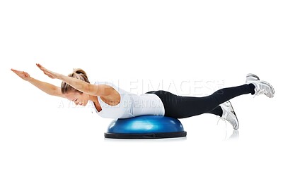 Buy stock photo Fitness, bosu ball and woman in a studio for stretching body workout or training with balance. Sports, equipment and young female person with muscle warm up exercise isolated by white background.