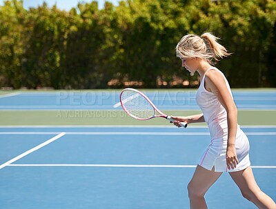 Buy stock photo Tennis, sport or woman with racket on court for competition, match or training outdoor and sportswear. Player, person or game and exercise, workout or competitive with wellness for fitness in summer