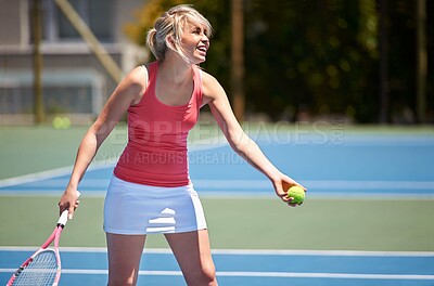 Buy stock photo Tennis, sport or woman with racket on court for competition, match or training outdoor with sportswear and ball. Player, person or happy and exercise, workout or competitive with wellness and fitness