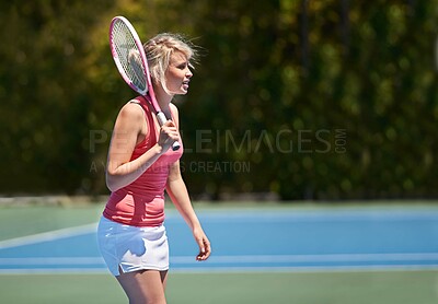 Buy stock photo Tennis, sport or woman with racket on court for competition, match or training outdoor in nature. Player, person or game with exercise, workout or competitive with wellness and fitness in summer