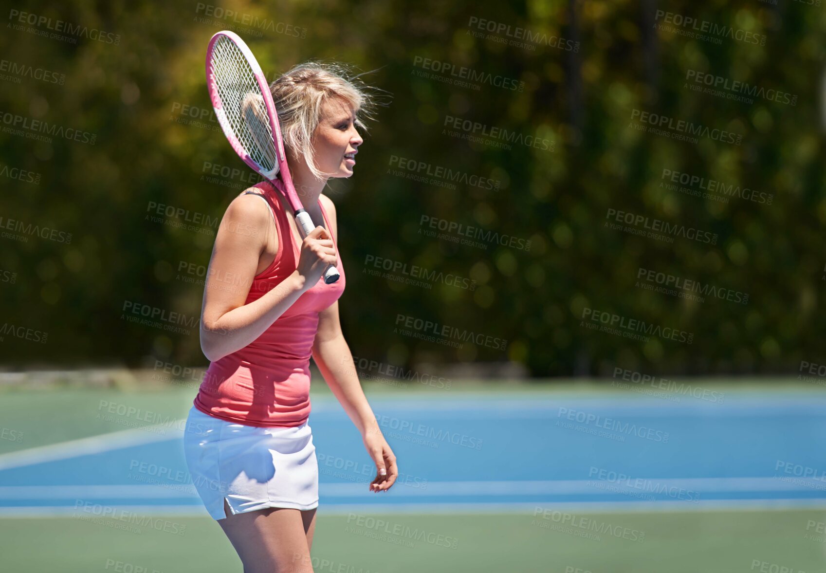 Buy stock photo Tennis, sport or woman with racket on court for competition, match or training outdoor in nature. Player, person or game with exercise, workout or competitive with wellness and fitness in summer